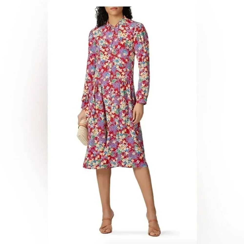 DERORAH LYONS floral midi button up long sleeve red floral Dionne dress size 6